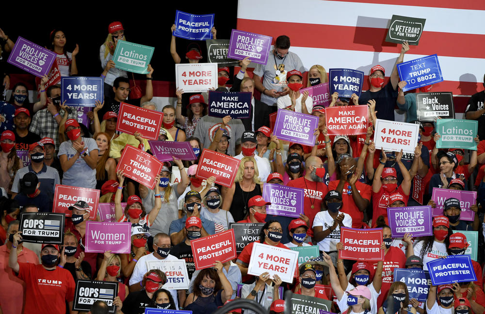 Supporters of President Trump hold up signs during an indoor campaign event for him on Sunday in Henderson, Nev. Nevada is a state that Democratic presidential candidate Hillary Clinton won in 2016 but that Trump is trying to flip.