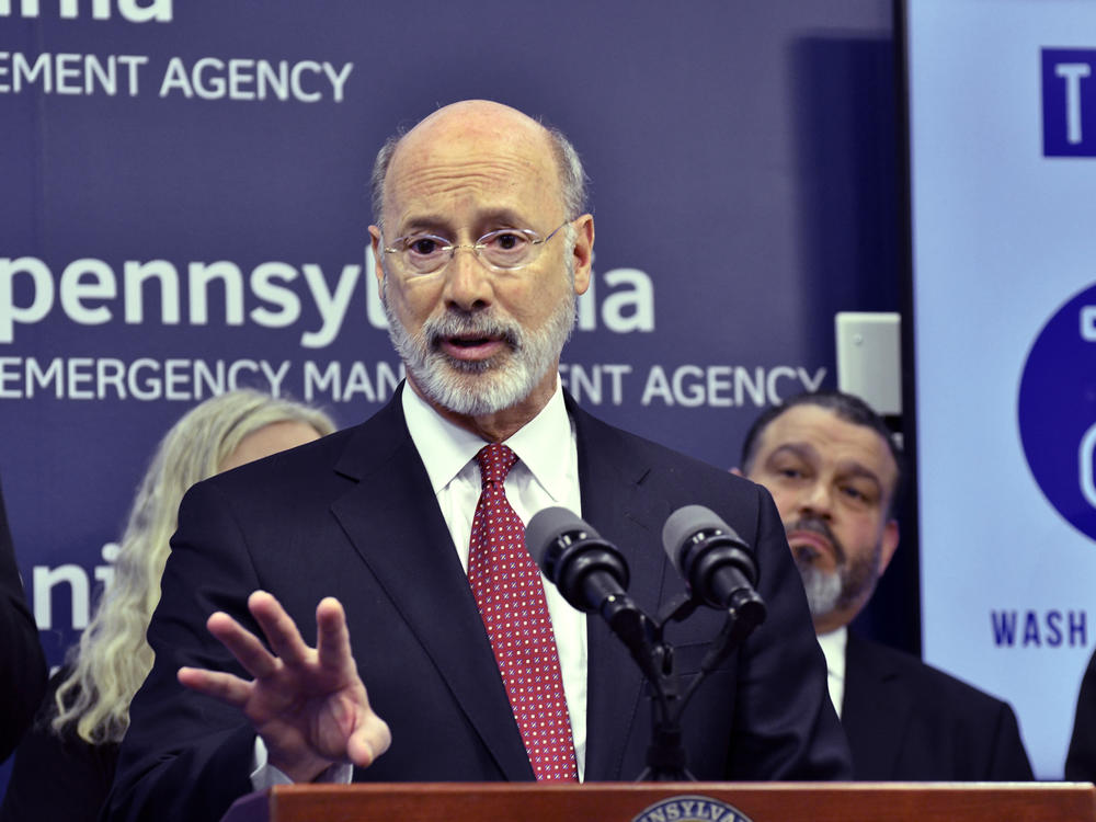 Pennsylvania Gov. Tom Wolf, pictured at a news conference in March, criticized Republicans on Tuesday for celebrating a federal judge's ruling that called some of the state's pandemic response measures unconstitutional.