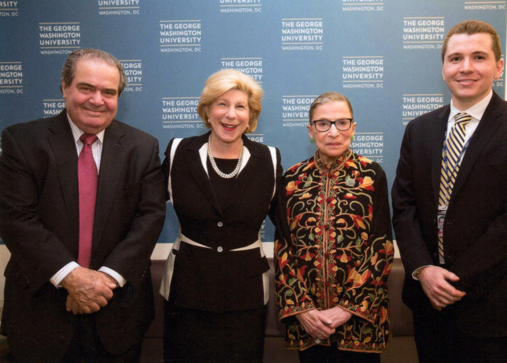 Although they were on opposite sides of the ideological spectrum, Justice Antonin Scalia (left) and Justice Ruth Bader Ginsburg had a professional respect for each other and a personal bond. Nina Totenberg, joined by intern Anthony Palmer, joined the two at a 2015 event.