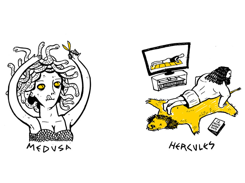 Medusa cutting her hair and Hercules exercising at home are two examples of Jonathan Muroya's Greek Quarantology illustration series.
