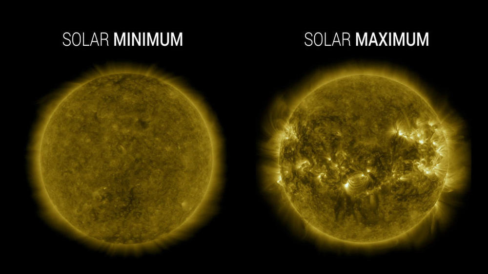 Images from NASA's Solar Dynamics Observatory highlight the appearance of the sun at solar minimum (left, December 2019) versus solar maximum (right, April 2014).