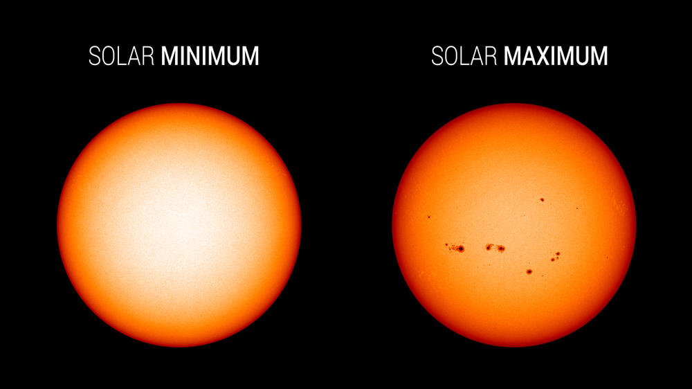 Visible light images from NASA's Solar Dynamics Observatory highlight the appearance of the sun at solar minimum (left, Dec. 2019) versus solar maximum (right, July 2014). Sunspots are associated with solar activity, and are used to track solar cycle progress.