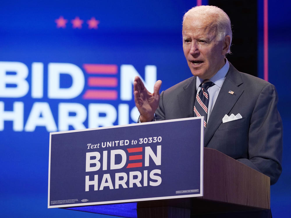 Democratic presidential nominee Joe Biden speaks about coronavirus vaccines after a briefing with public health experts in Wilmington, Del., on Wednesday.