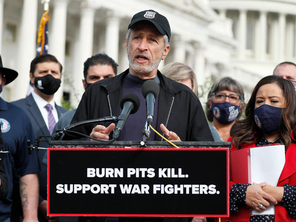 Comedian, writer and veterans advocate Jon Stewart speaks at a press conference on 