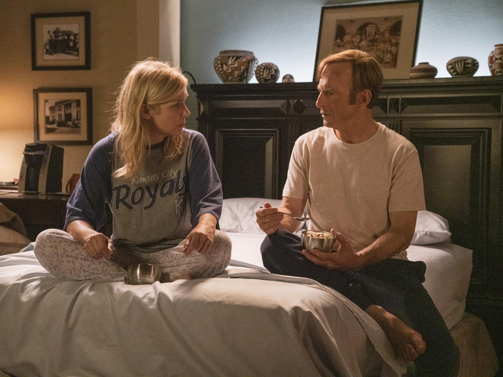 Rhea Seehorn as Kim Wexler, Bob Odenkirk as Jimmy McGill in <em>Better Call Saul</em>, an Emmy snub but a Deggy winner.