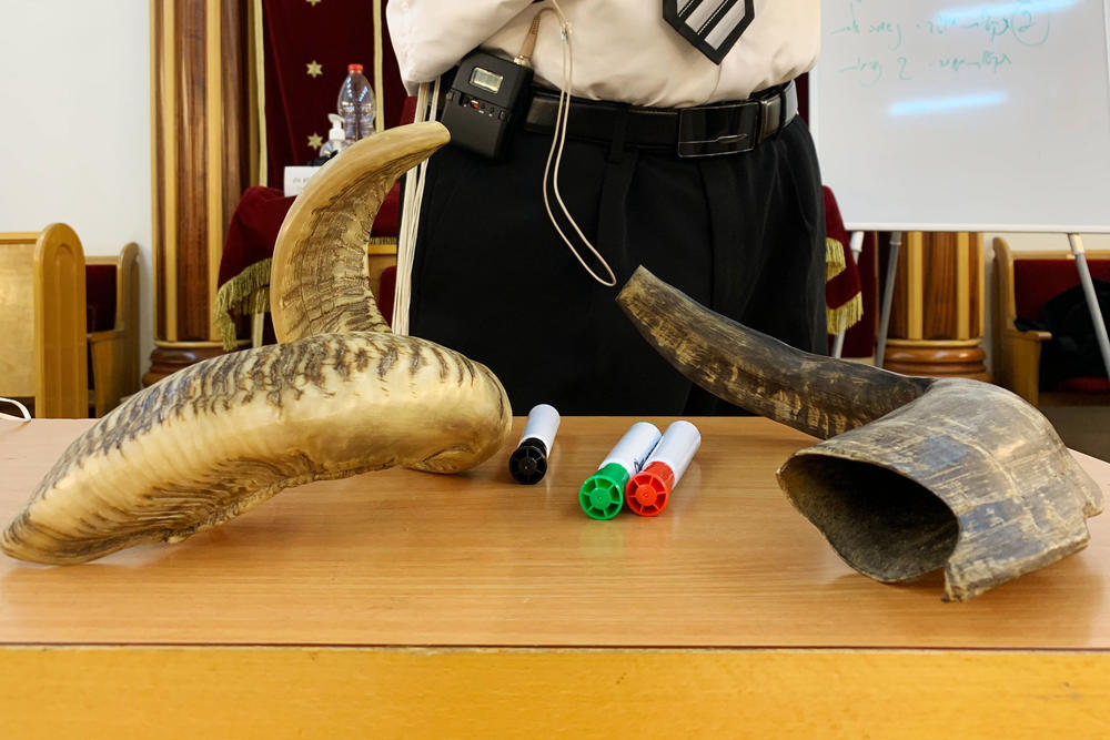 Shofars on a table during a shofar-blowing course in a Ramat Gan synagogue.