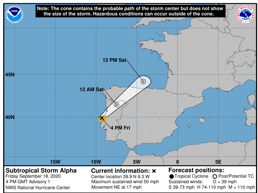 Subtropical Storm Alpha has formed off the coast of Portugal and is expected to be a short-lived storm, according to the National Hurricane Center.