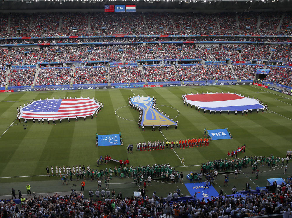Events preceding the Women's World Cup final soccer match between the United States and the Netherlands in Decines, France, in 2019. FIFA President Gianni Infantino has suggested that the FIFA Women's World Cup could be held every two years instead of every four years.