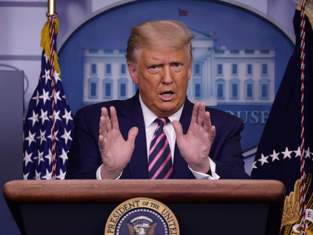 President Trump speaks Friday at a news conference at the White House. He has made fast-tracking a vaccine against the coronavirus a core tenet of his reelection pitch.