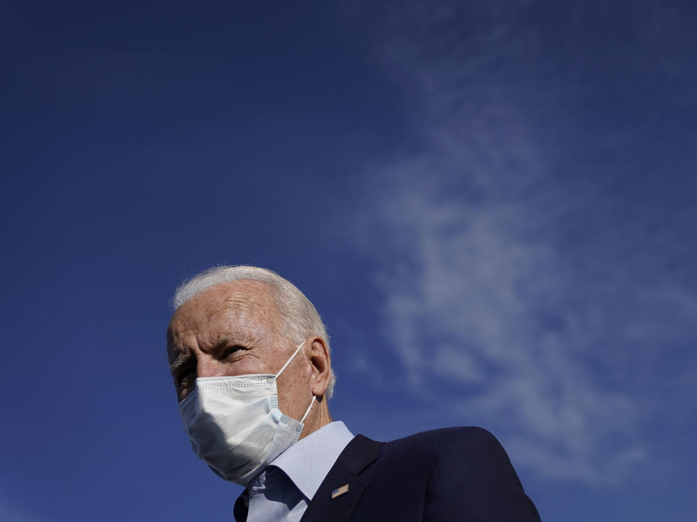 Democratic presidential nominee and former Vice President Joe Biden speaks to reporters before boarding his campaign plane at Duluth International Airport on September 18, 2020 in Duluth, Minn.