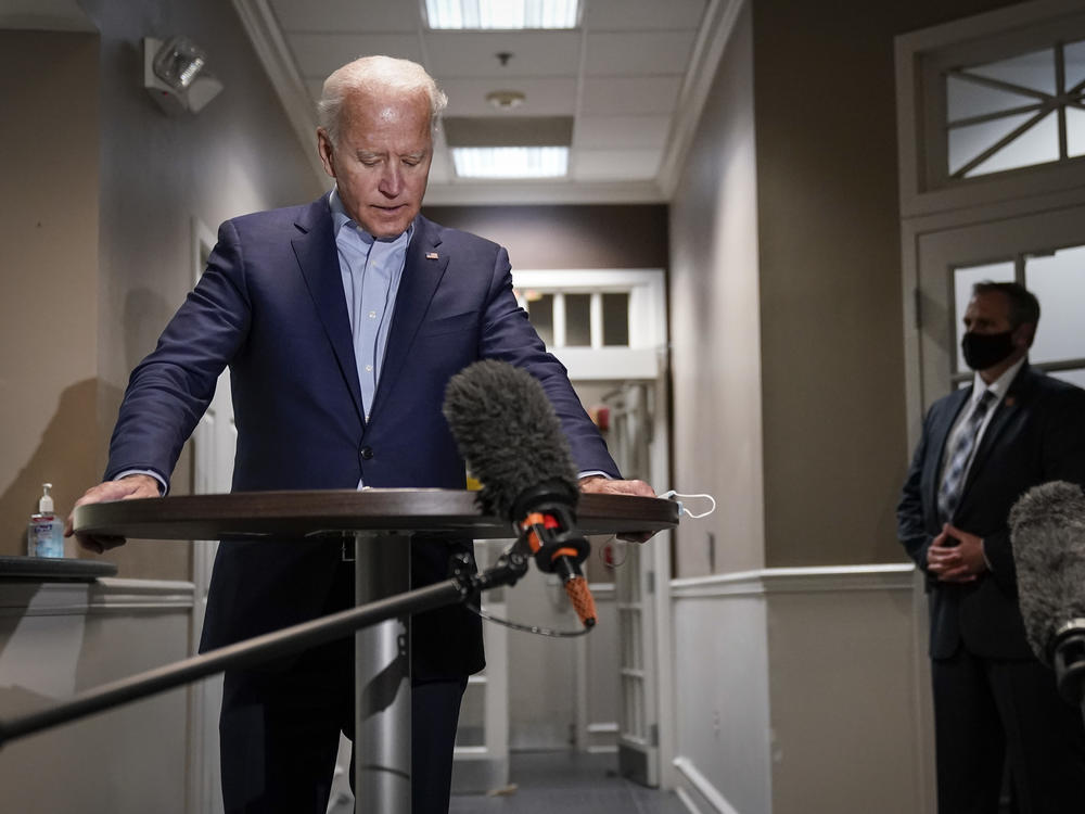 Democratic presidential nominee and former Vice President Joe Biden speaks to reporters about the passing of Supreme Court Justice Ruth Bader Ginsburg upon arrival at New Castle County Airport in Delaware.