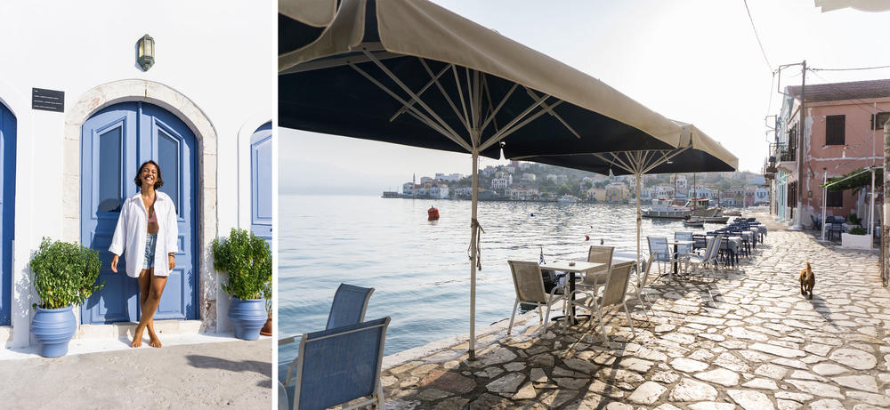 Left: Eleni Karavelatzi, co-founder of the travel company Visit Kastellorizo. Right: A dog walks on the empty promenade along the island's Aegean Sea shore.