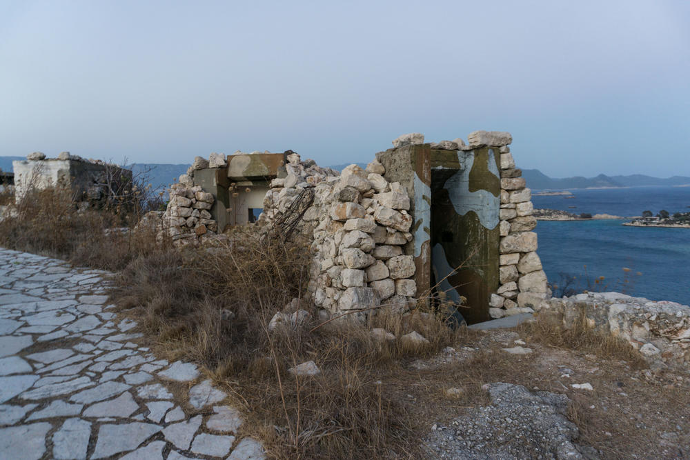 An empty military shelter on a hill of Kastellorizo that overlooks the Aegean and nearby Turkey.