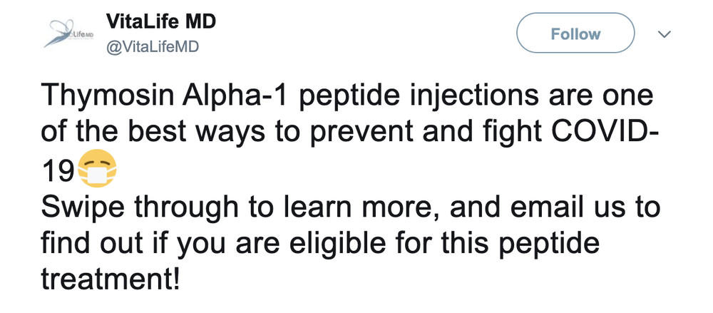 Thymosin alpha-1 is not FDA approved for treating any condition. Yet the company VitaLifeMD, headed by Dr. Dominique Fradin-Read, began promoting injections of the drug to patients at the beginning of the COVID-19 pandemic.