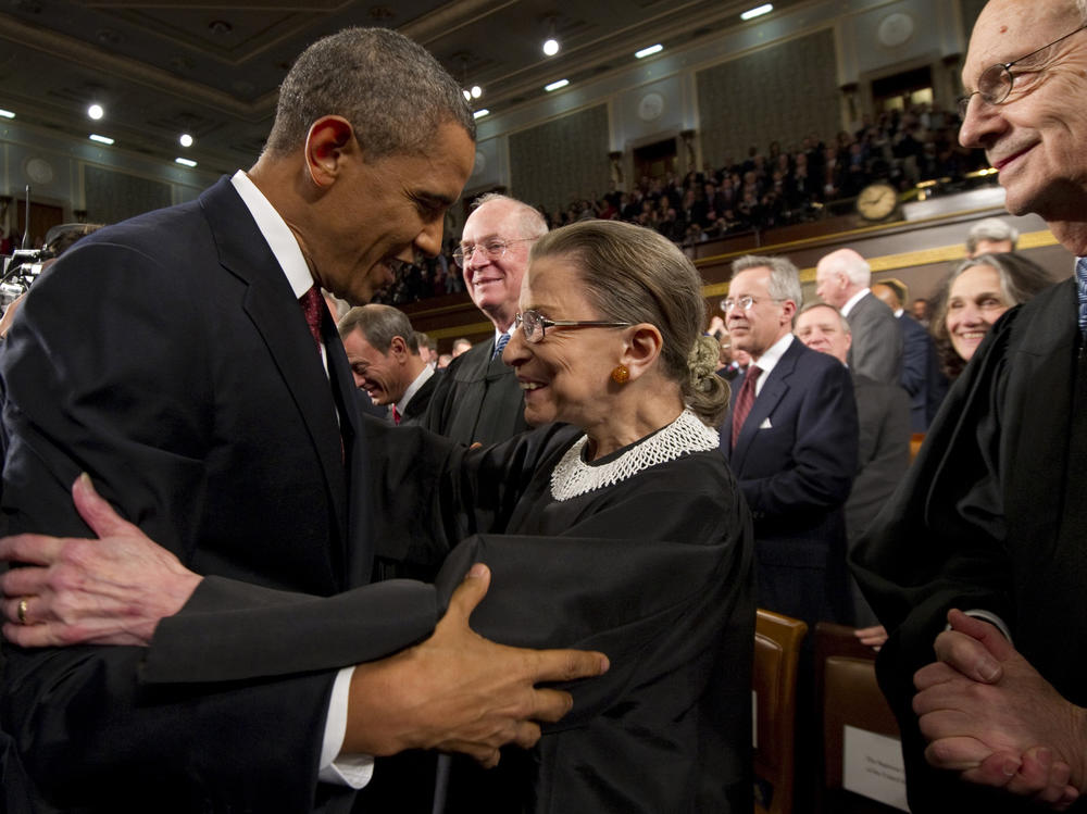 President Barack Obama greets Supreme Court Justice Ruth Bader Ginsburg prior to his State of the Union address on Jan. 24, 2012, at the Capitol in Washington. Ginsburg died on Sep 18, 2020 at 87.