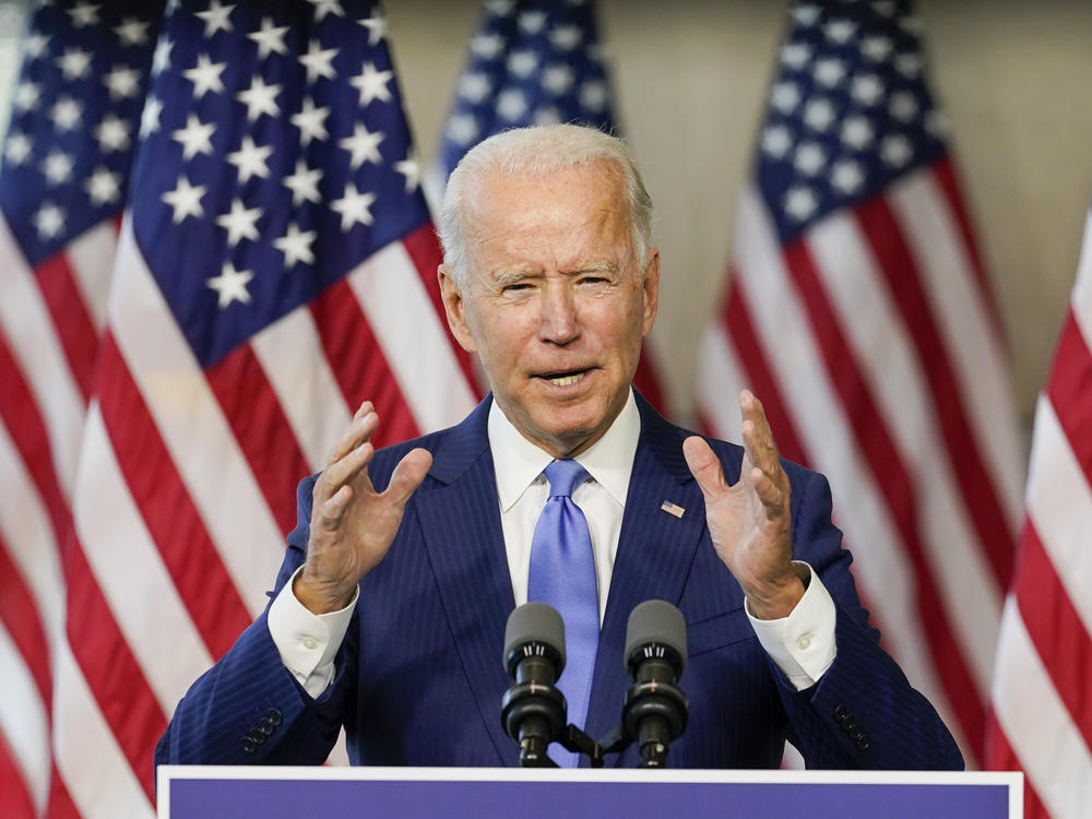 Democratic presidential nominee Joe Biden speaks at the National Constitution Center in Philadelphia on Sunday about the Supreme Court following Justice Ruth Bader Ginsburg's death.