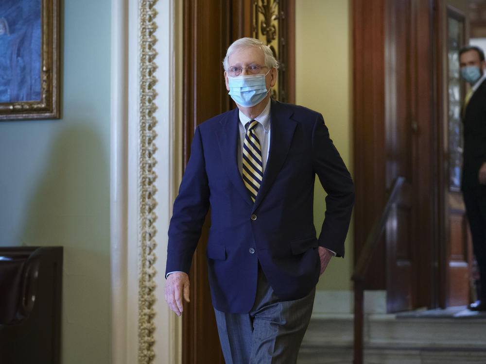 Senate Majority Leader Mitch McConnell, R-Ky., leaves the chamber Monday after speaking about the death of Justice Ruth Bader Ginsburg. McConnell made the case on the Senate floor that voters elected a GOP majority to confirm judicial nominees.