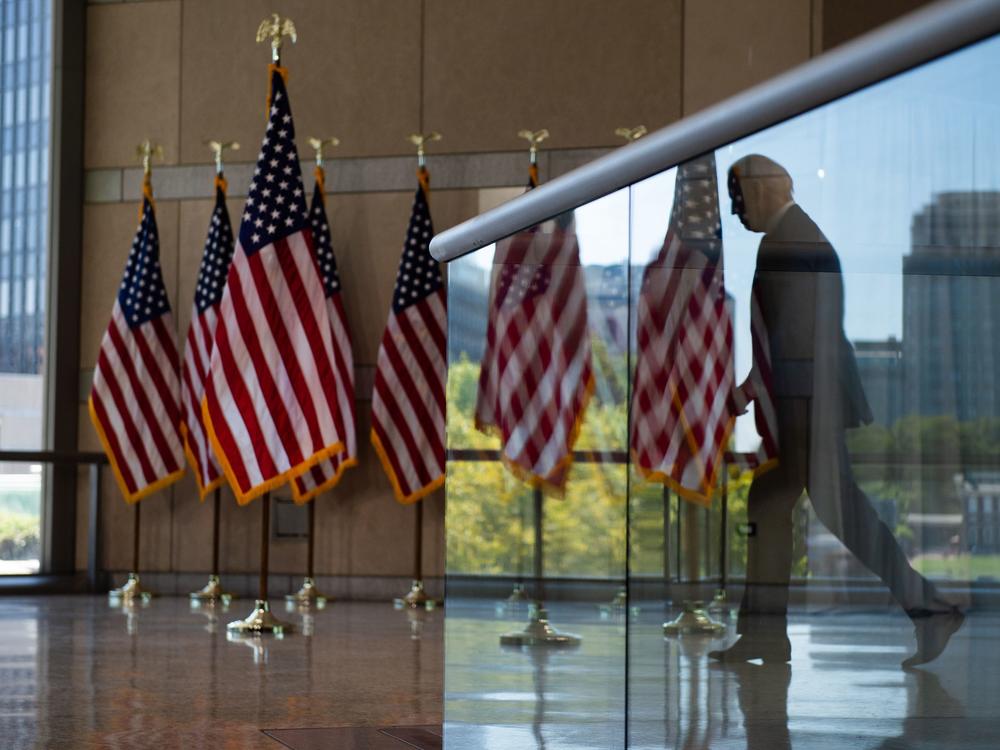 Democratic presidential nominee Joe Biden leaves after speaking Sunday at the National Constitution Center in Philadelphia.