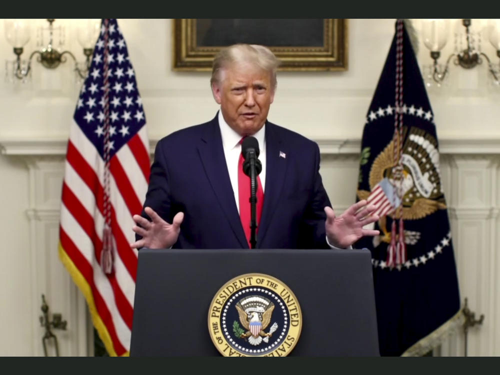 President Trump speaks in a prerecorded message played Tuesday during the 75th session of the U.N. General Assembly.