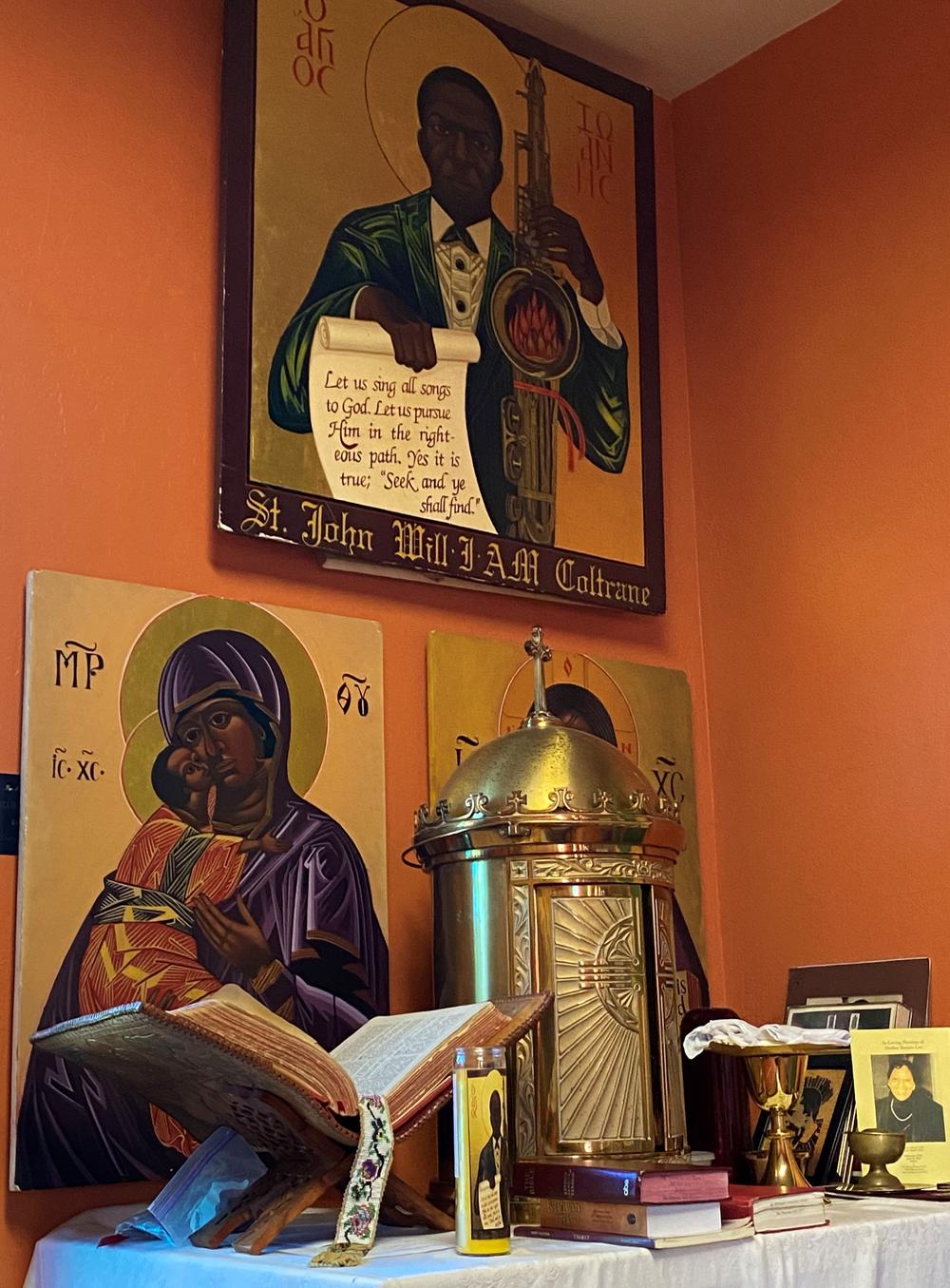 Byzantine-style icons, including ones of John Coltrane, the Virgin Mary and Jesus at the Coltrane-devoted church.