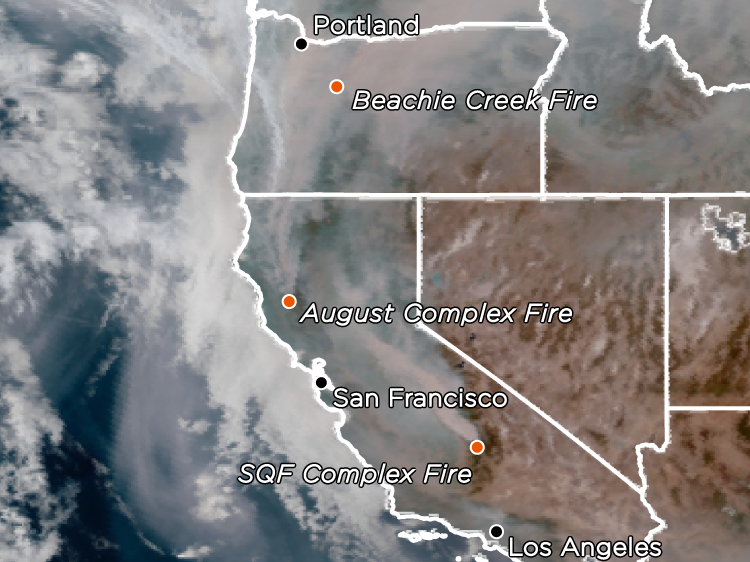 A satellite image shows smoke and some of the major fires in Western states on Sept. 13.