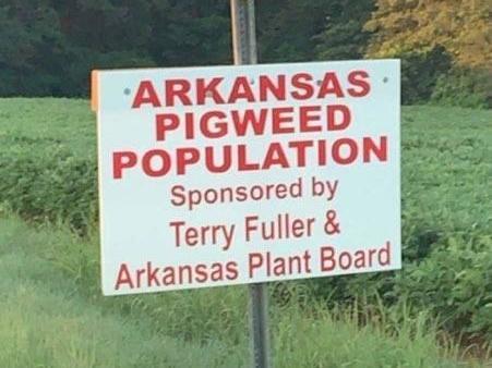 A sign on a roadside in Arkansas suggesting that Fuller's opposition to the spraying of the herbicide dicamba is bad for farms.