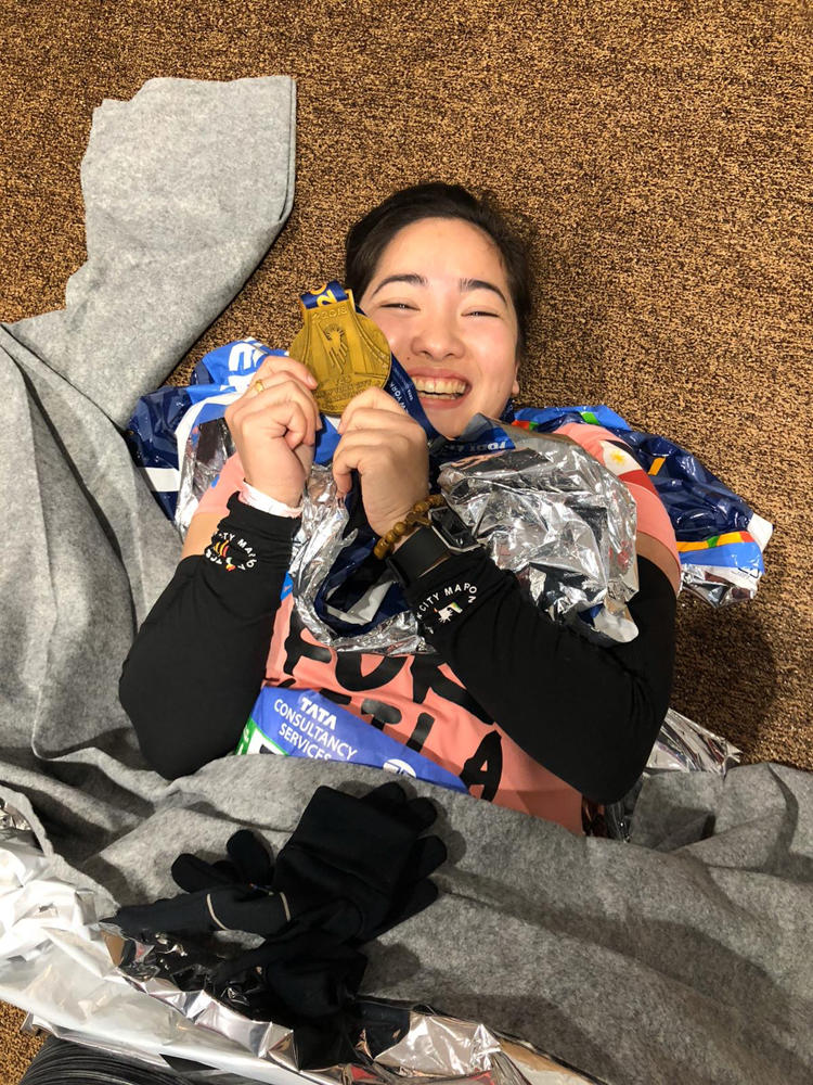 Villamer at the end of the New York City Marathon in 2018. She was injured during it, but says she got back up to make sure she finished the race.