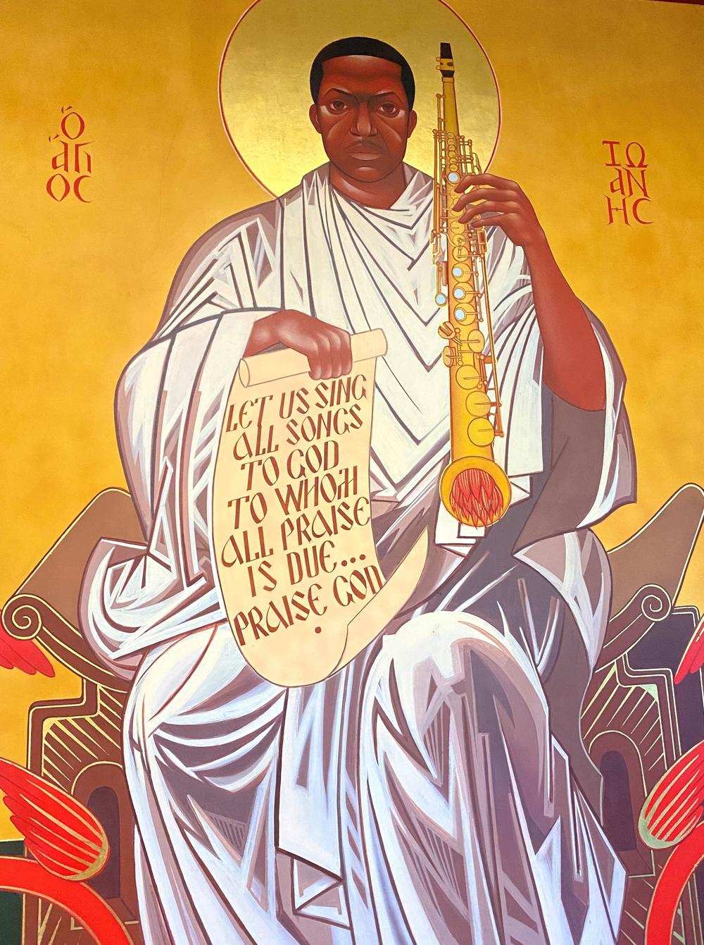 A Byzantine-style icon of John Coltrane at the church. The inscription to the left and right of Coltrane's body reads, in Greek, 