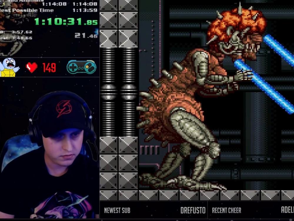 Chris Tomkinson — known online as ShinyZeni — streaming a speedrun of <em>Super Metroid</em>.