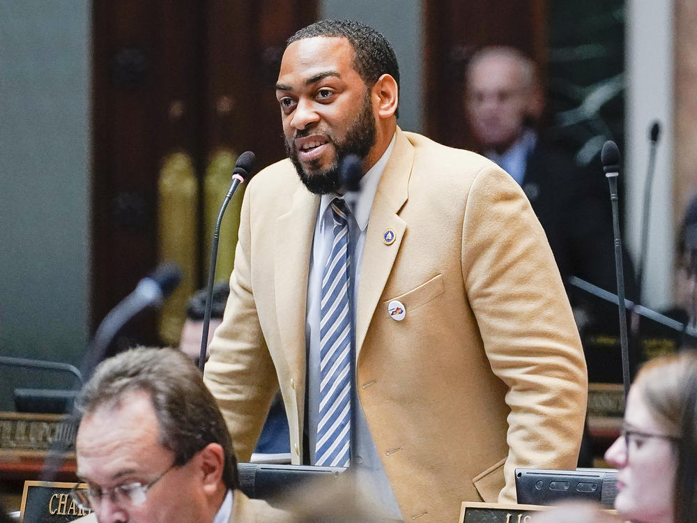 Kentucky Democratic State Sen. Charles Booker advocates for the passage of Kentucky HB-12 on the floor of the House of Representatives in the State Capitol, Frankfort, Ky., on  Feb. 19, 2020.
