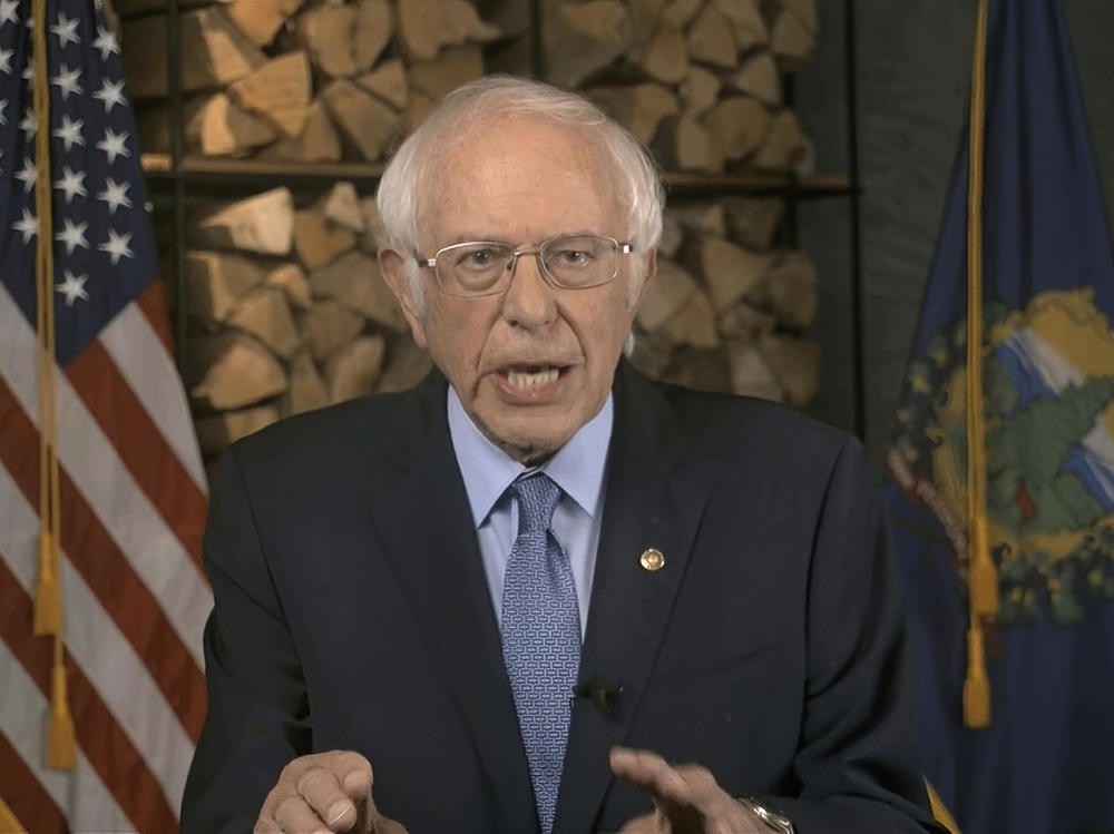 In this image from video, Sen. Bernie Sanders, I-Vt., speaks during the first night of the Democratic National Convention.