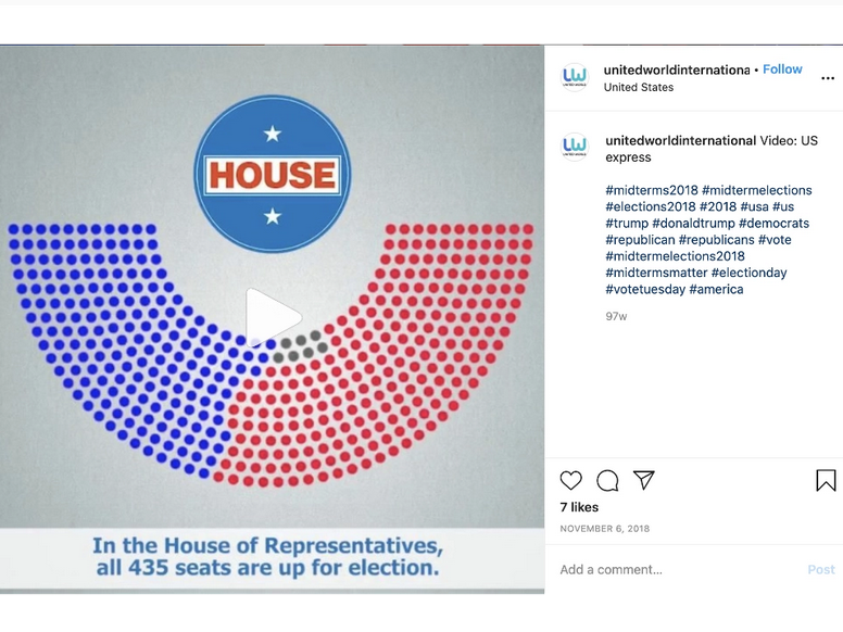 A screenshot of an Instagram post Facebook linked to Russia's Internet Research Agency. United World International was a phony website created by the Russian operation and promoted on social media.