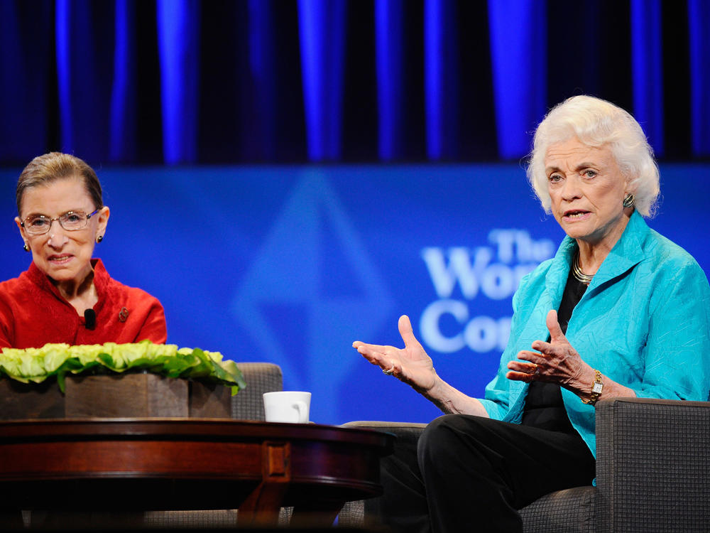 Justice Ruth Bader Ginsburg and former justice Sandra Day O'Connor attend California first lady Maria Shriver's annual Women's Conference in 2010 at the Long Beach Convention Center.