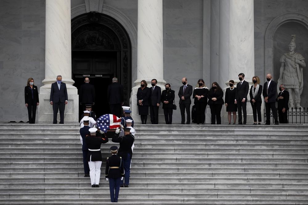 The flag-draped coffin of the late Supreme Court Justice Ruth Bader Ginsburg arrives to the U.S. Capitol where she will lie in state for two hours in Washington, D.C.