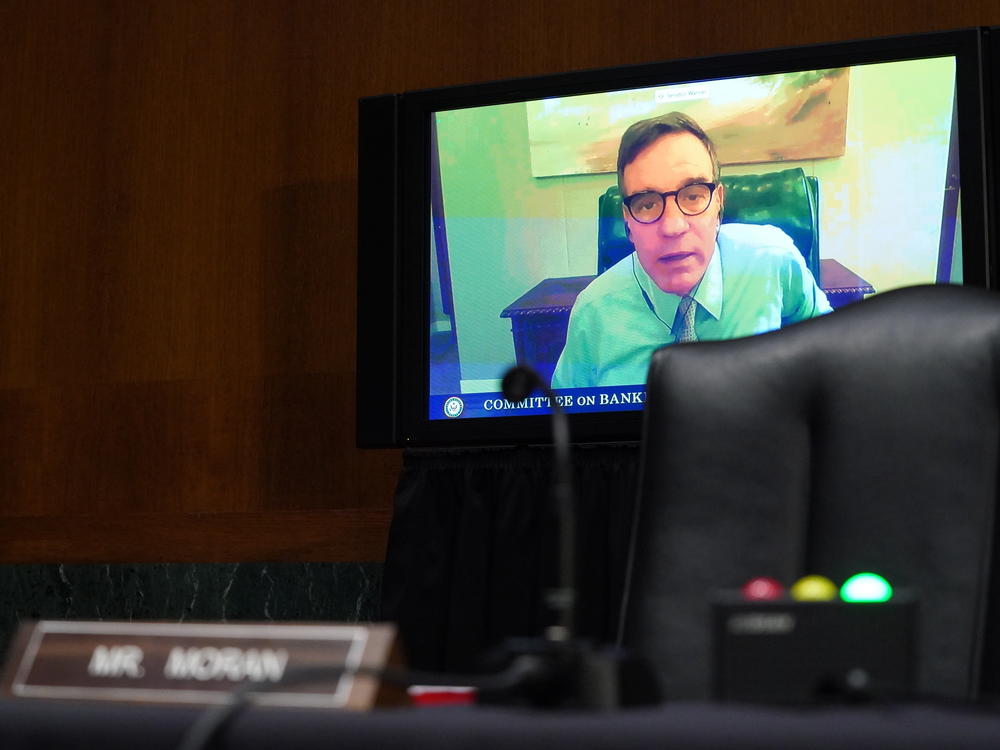 Sen. Mark Warner (D-VA) during the Senate's Committee on Banking, Housing, and Urban Affairs hearing examining the quarterly CARES Act report to Congress on September 24, 2020 in Washington, DC.
