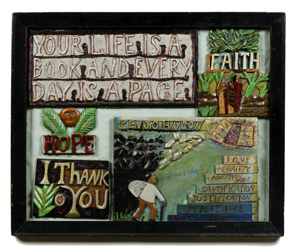 <em>Your Life is a Book and Every Day Is a Page</em>, by Elijah Pierce, 1973, paint and glitter on carved wood, gift of Herbert Waide Hemphill,<strong> </strong>Jr., and museum purchase made possible by<strong> </strong>Ralph Cross Johnson