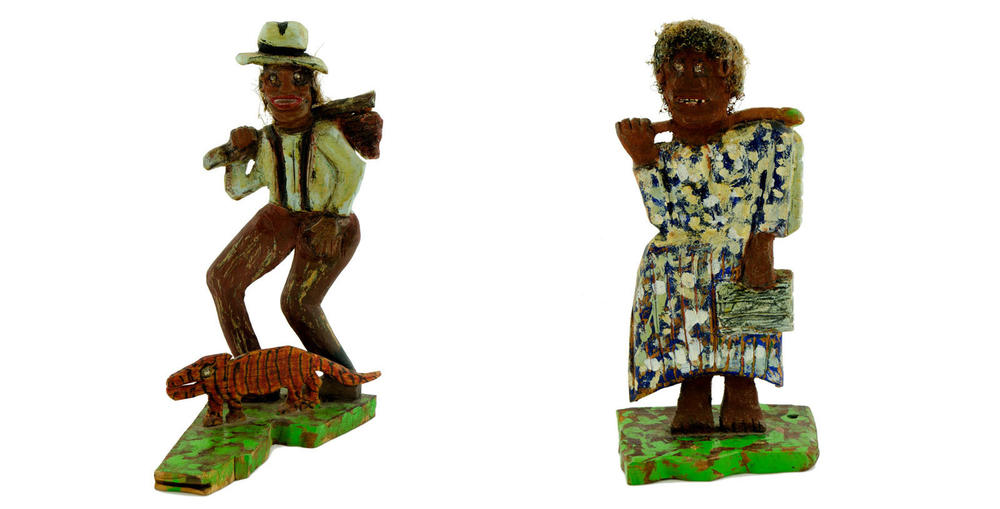 Two figures make up Pierce's<em> Migration North, </em>1976,<em></em> paint, fiber and rhinestones on carved wood, gift of Aminah Robinson, in memory of her son Sydney Edward Robinson, 1967-1994