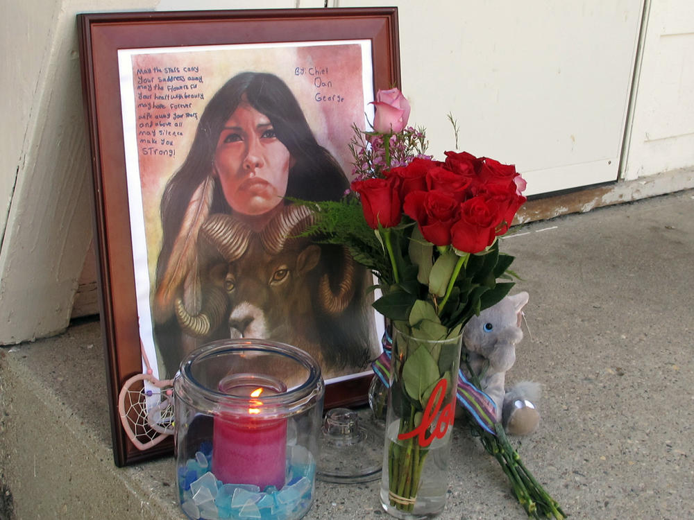 A memorial to Savanna LaFontaine-Greywind outside the apartment where Greywind lived with her parents in Fargo, N.D., pictured in 2017. Savanna's Act requires the Department of Justice to strengthen training, coordination and data collection in cases of murdered or missing Native Americans.