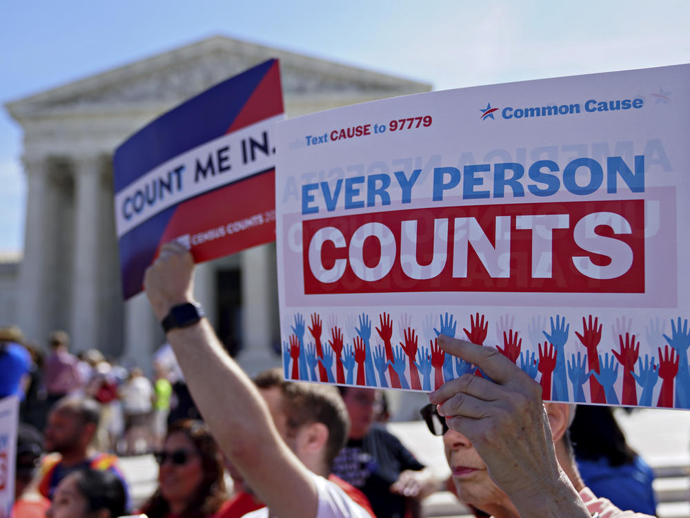 Demonstrators hold signs about the 2020 census outside the U.S. Supreme Court in 2019.