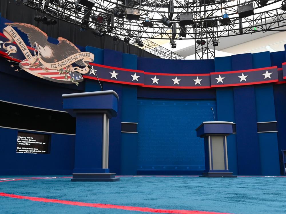 The stage of the first presidential debate, in Cleveland. Tuesday's debate between President Trump and Democratic nominee Joe Biden will be the first of three 90-minute debates between the two.