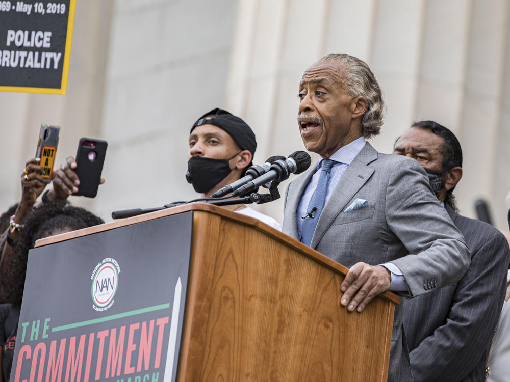 Rev. Al Sharpton speaks at the 2020 March on Washington, officially known as the Commitment March: Get Your Knee Off Our Necks, at the Lincoln Memorial on Aug. 28 in Washington.