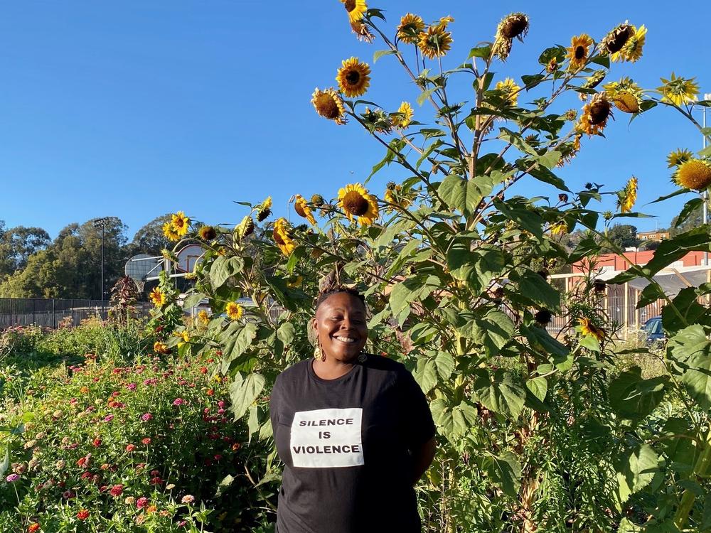 Brandi Mack, a community organizer and food security activist, at the urban farm she helped create at Castlemont High School in Oakland, Calif. She hopes the Freedge movement proves sustainable.