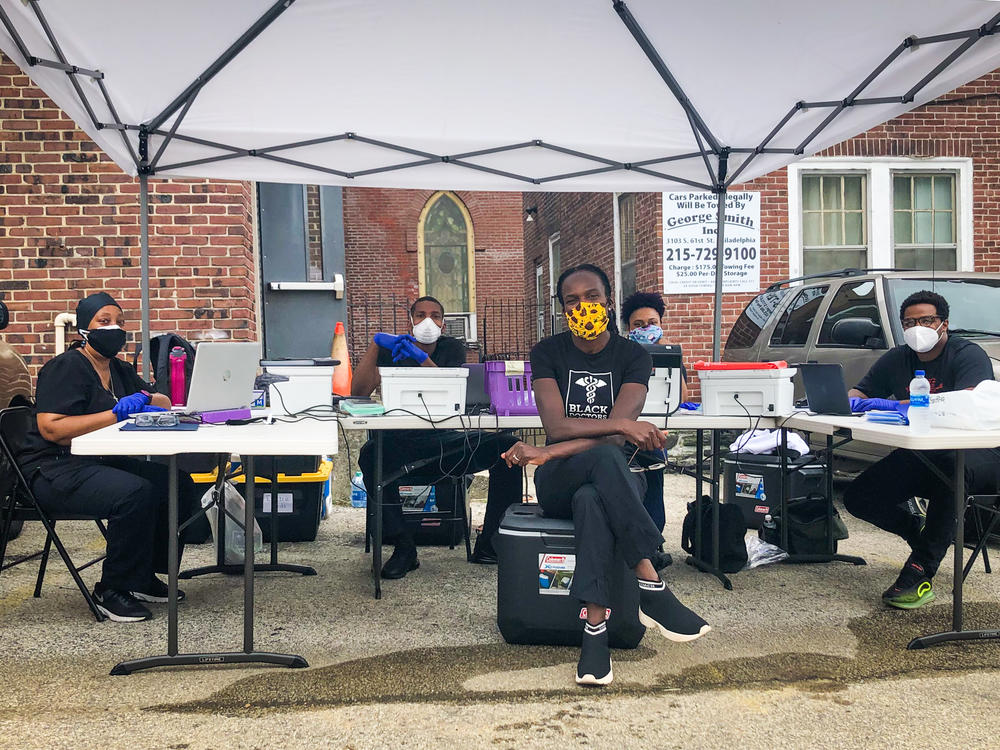 Dr. Ala Stanford and her staff at a coronavirus testing site in Pennsylvania. Stanford created the Black Doctors COVID-19 Consortium and sends mobile test units into neighborhoods.
