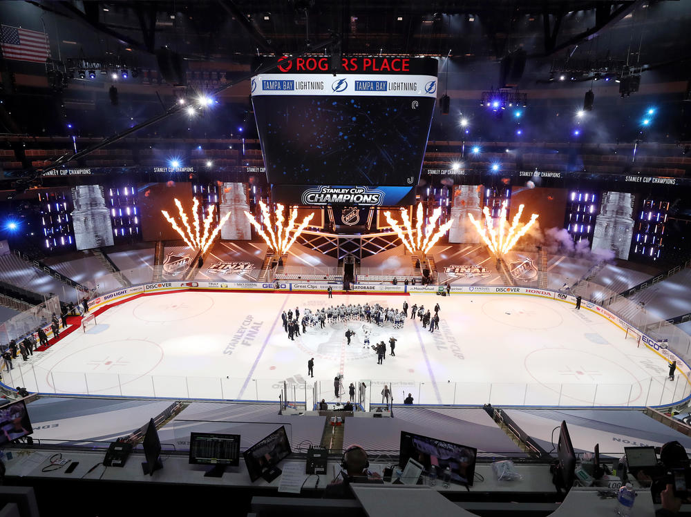 The Tampa Bay Lightning celebrate winning the Stanley Cup on Monday in Edmonton, Canada.