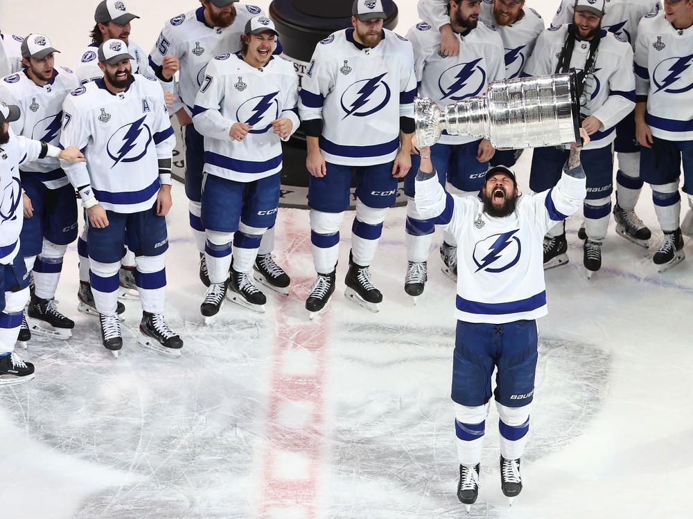 Zach Bogosian of the Tampa Bay Lightning skates with the Stanley Cup following the series-winning victory over the Dallas Stars in Game Six of the 2020 NHL Stanley Cup Final at Rogers Place on Monday in Edmonton, Canada.