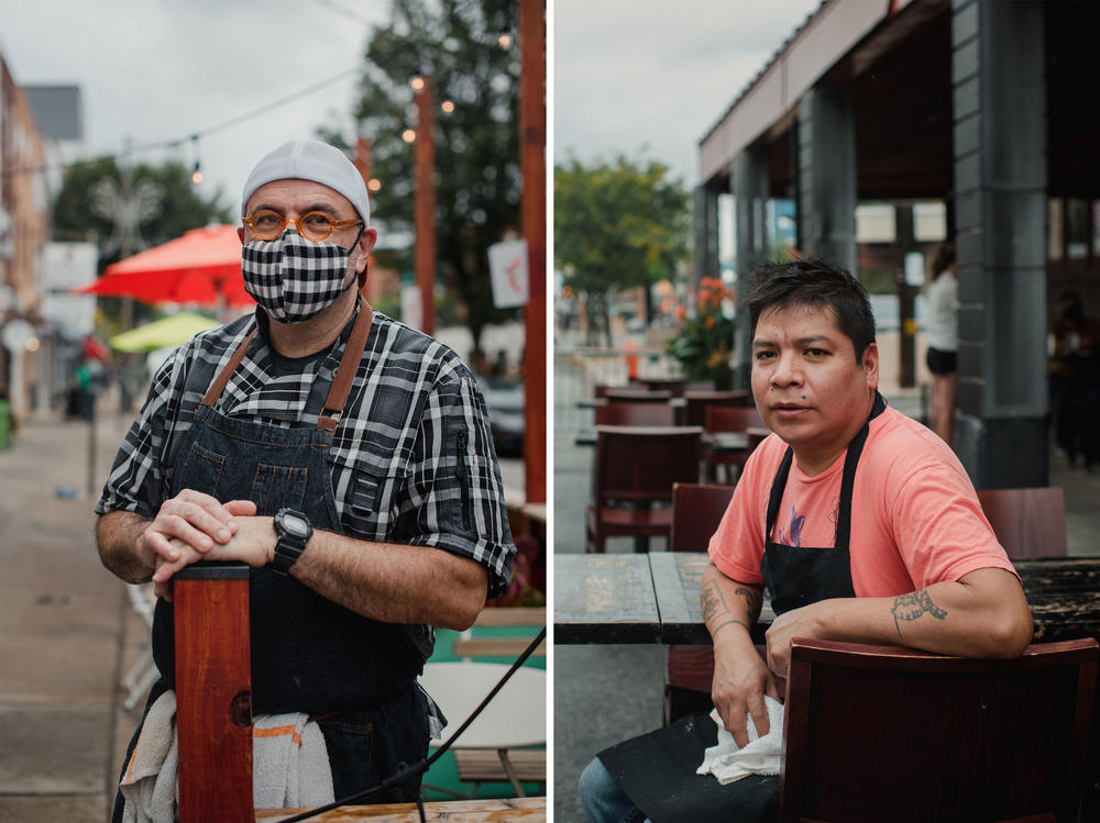 Left: Owner and chef of Flannel, Marc Grika, stands by his restaurant. Right: Co-owner and chef of Pistolas Del Sur, Adan Trinidad, poses outside his restaurant. Having extra tables has helped keep business owners afloat during really tough times.