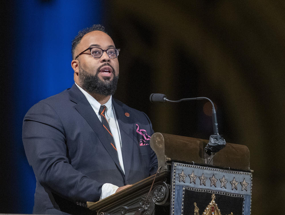 Poet Kevin Young speaks during the Celebration of the Life of Toni Morrison on Nov. 21, 2019, in New York.
