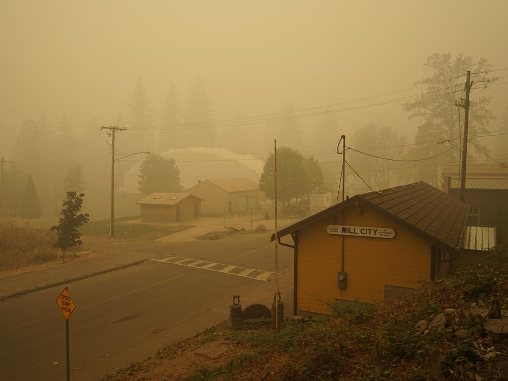 Smoke blankets Mill City, Oregon, which was evacuated for days following the nearby Beachie Creek Fire.