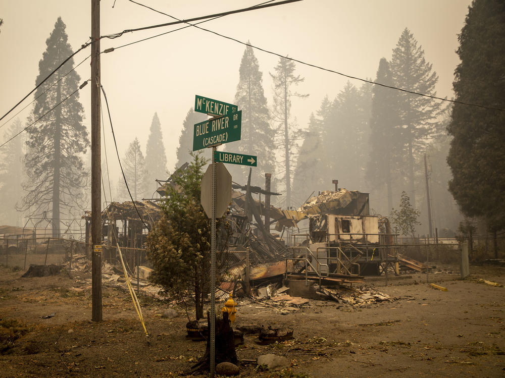 Blue River, Ore., lies in ruin on Sept. 15, 2020, just eight days after the Holiday Farm Fire swept through its business district.
