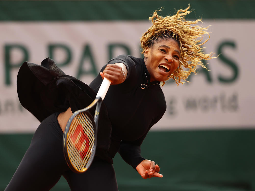 Serena Williams serves during her Women's Singles first round match against Kristie Ahn on day two of the 2020 French Open at Roland Garros on Monday in Paris, France.